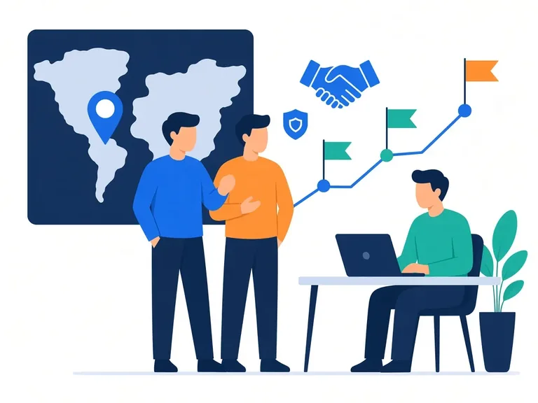 Founders in front of a map and growth timeline