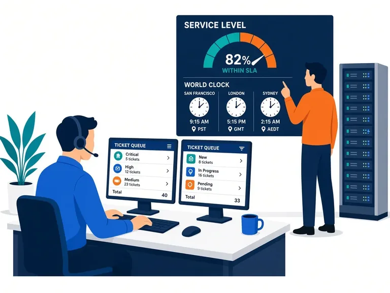 IT service desk with ticket queue and SLA board
