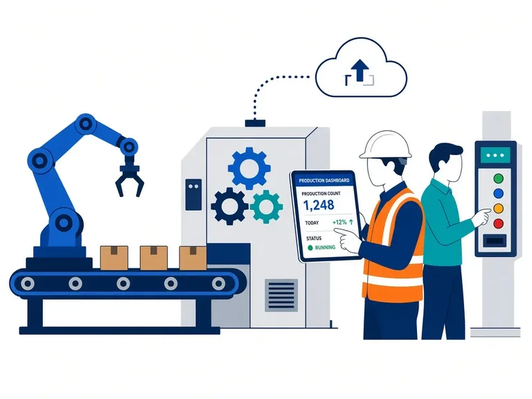 Factory robot arm with production dashboard
