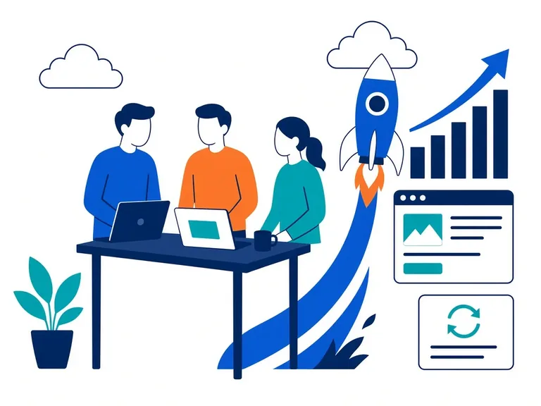 Startup founders with a launching rocket and growth chart