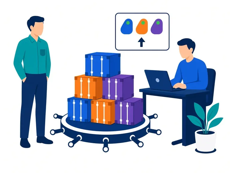 Container boxes on an orchestration wheel